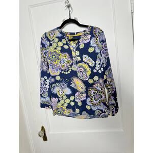 Talbots Navy Blue Purple Paisley Floral Popover Flowy Top Blouse Women's SP